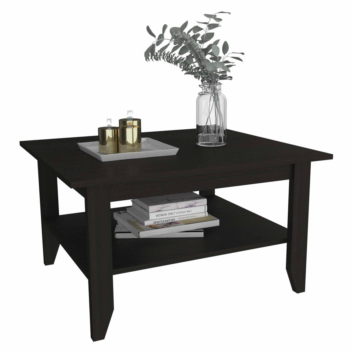 Antique-Style HMS 32\" Black Coffee Table with Shelf Wood and Metal Construction for Living Room Dining or Home Furniture Use