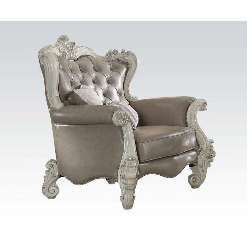 HMS 43\" Gray and Bone Faux Leather Tufted Chesterfield Chair with Toss Pillows Elegant Living Room Furniture