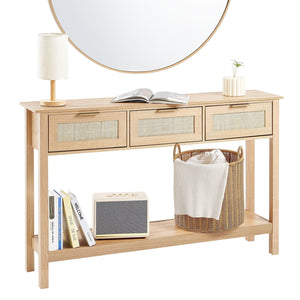 Natural Rattan Console Table with 3 Sliding Storage Drawers