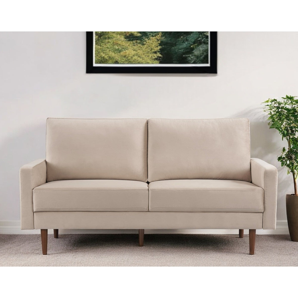HMS 69 Beige Boucle Velvet Chesterfield Sofa with Dark Brown Legs One Seat Extendable for Living Room Sponge Filled