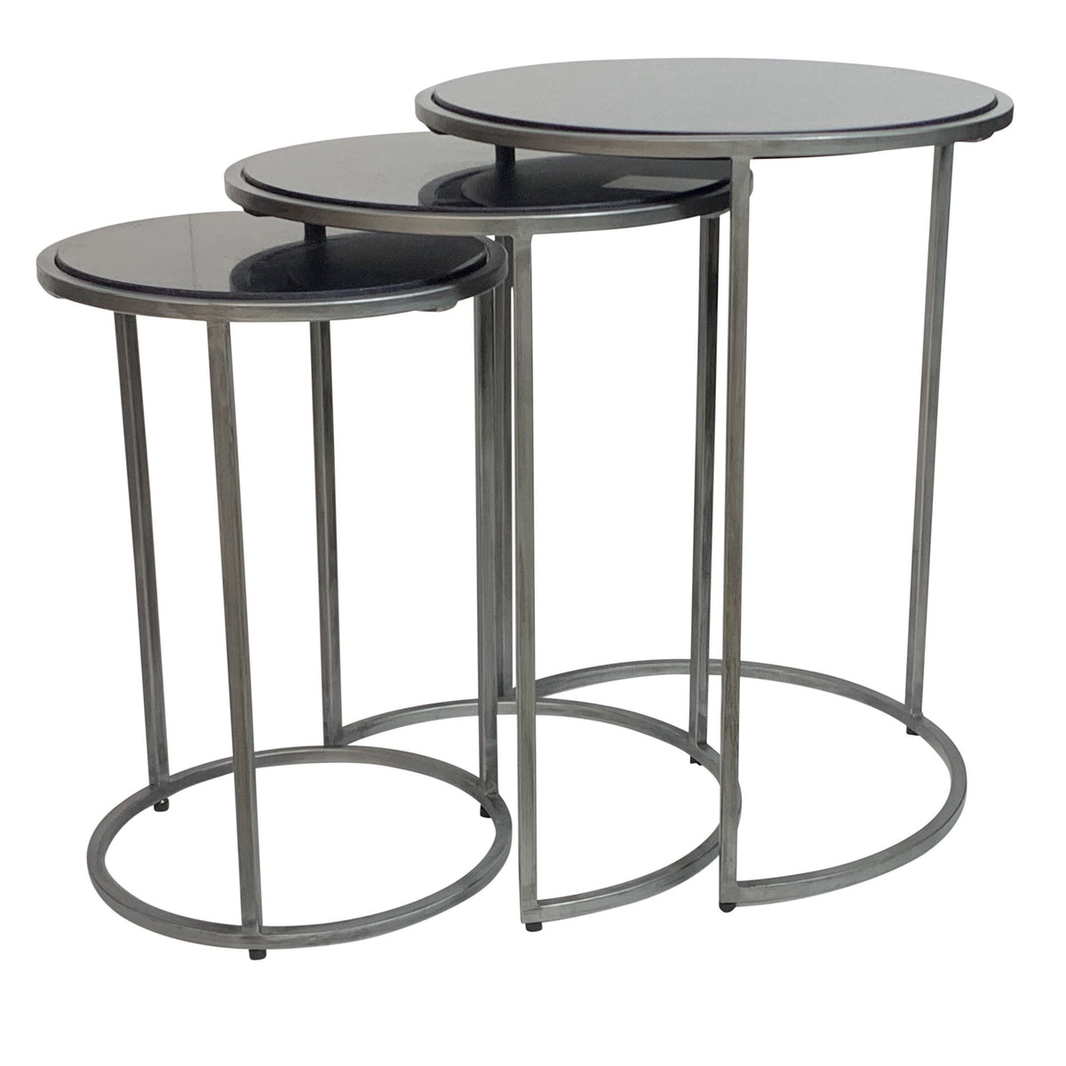 Set of Three Black and Gray Marble Nested Tables with Iron Round Frames for Living Room