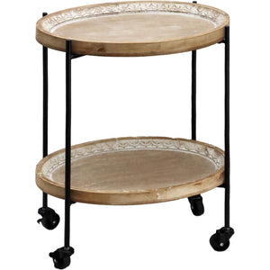 PARISLOFT Farmhouse End Table with Wheels, 2 Tier Side Table with Tray Top, Metal and Wood Rolling Coffee Table for Sofa, Kitche