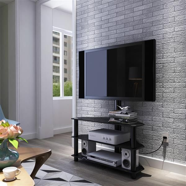 Black 3-Tier Multi-Function TV Stand with Height Adjustable Bracket Swivel Functionality
