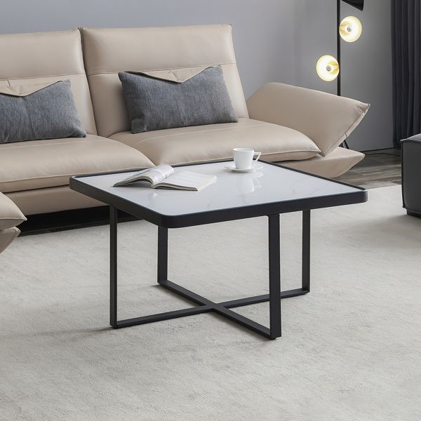 Minimalist Square Coffee Table with Black Metal Frame and Sintered Stone Top Unique Modern Design