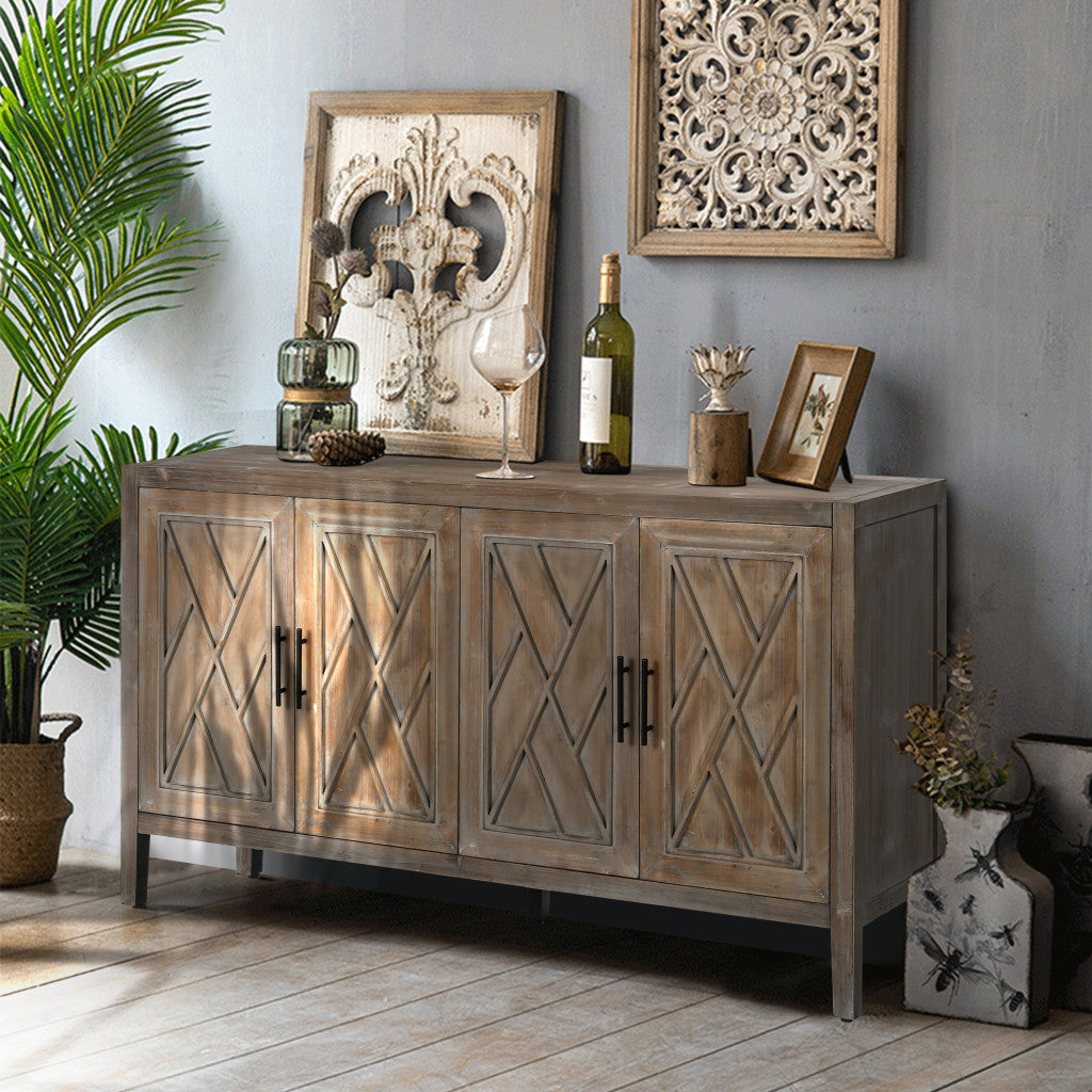 HMS 60\" Natural and Brown Distressed Geometric Carved Sideboard with Four Doors Elegant Living Room Cabinets