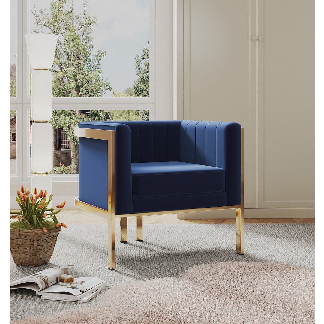 Manhattan Comfort Paramount Royal Blue Velvet Accent Armchair with Polished Brass for Living Room