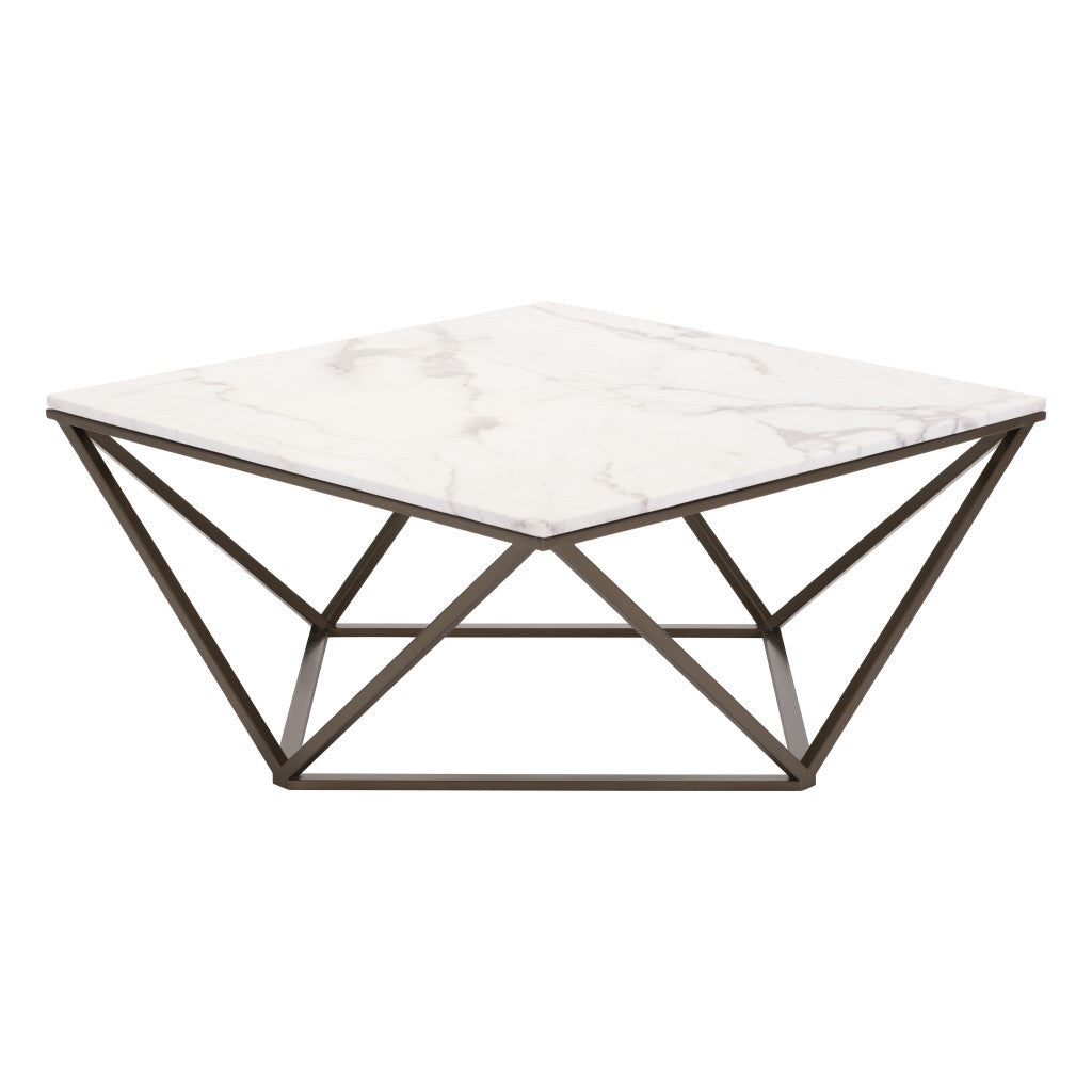 HMS 36\" White and Antiqued Brass Faux Marble and Steel Square Abstract Coffee Table