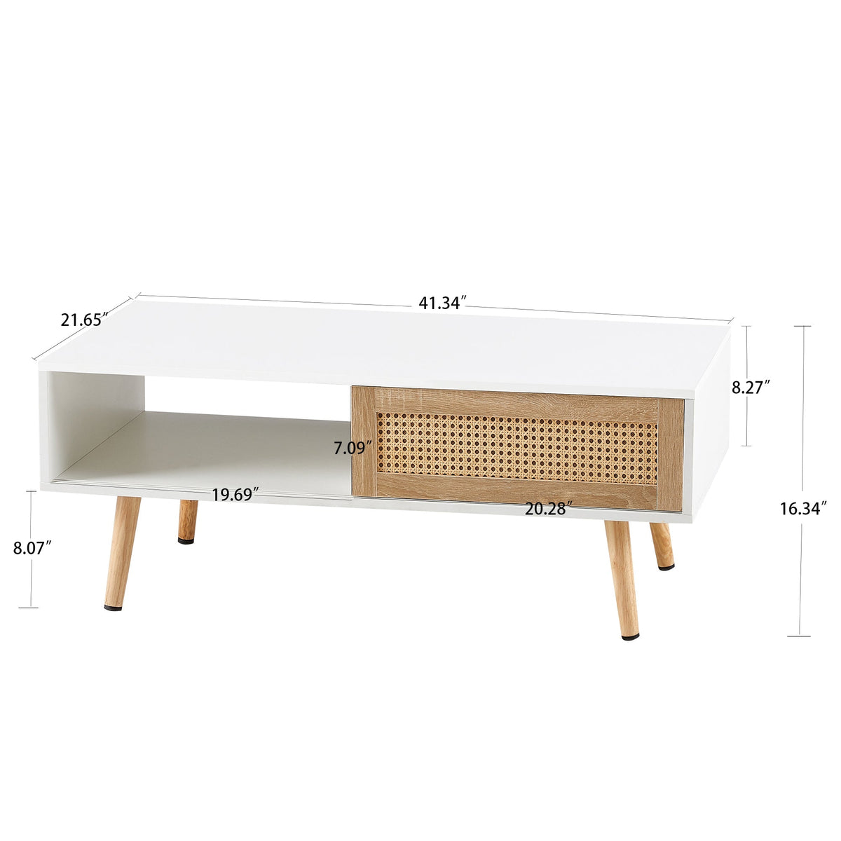 Natural Rattan Coffee  Mid-Century Center Table for Small Space Table with Sliding Doors & Open Storage Shelf