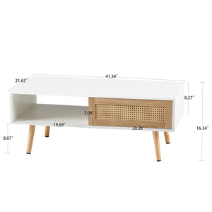 Natural Rattan Coffee  Mid-Century Center Table for Small Space Table with Sliding Doors & Open Storage Shelf