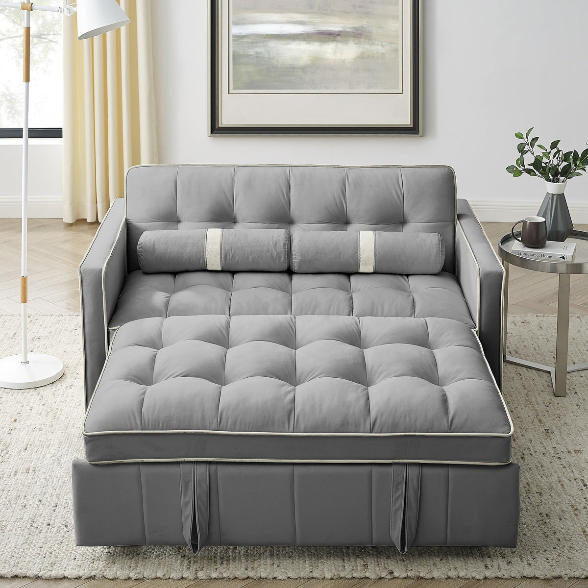 Modern Luxury 55.5 Inch Pull-Out Sleep Sofa Bed 2-Seater Loveseat Couch with Side Pockets Velvet Material Extendable Feature