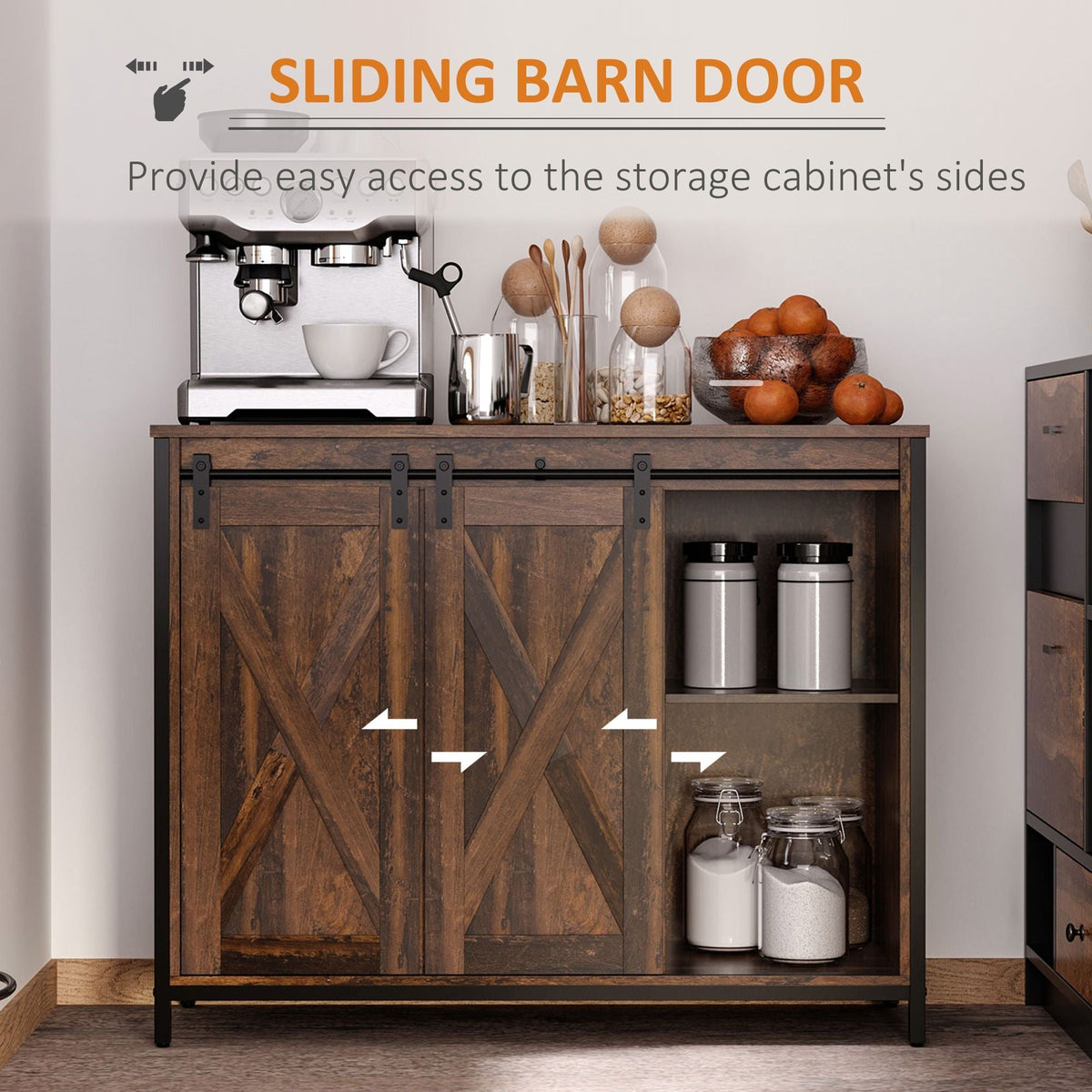 Rustic Brown Kitchen Sideboard Cabinet with Barn Doors 3-Drawers Adjustable Shelves Living Room Buffet Storage Rustic Brown