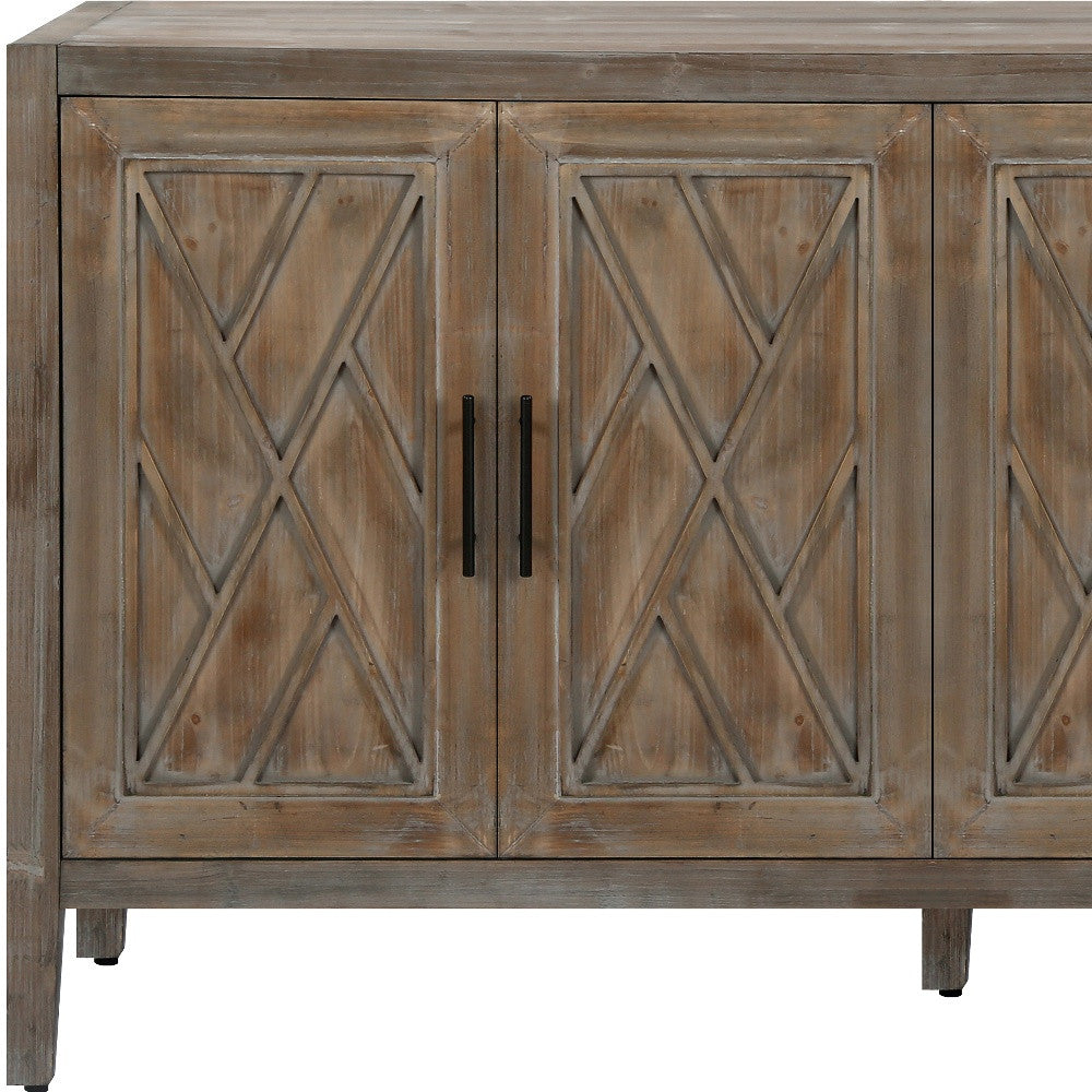 HMS 60\" Natural and Brown Distressed Geometric Carved Sideboard with Four Doors Elegant Living Room Cabinets