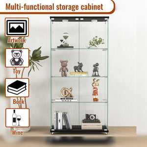 Modern Black Four Layers Two Door Glass Display Cabinet with Led Light and Wheels Living Room Furniture