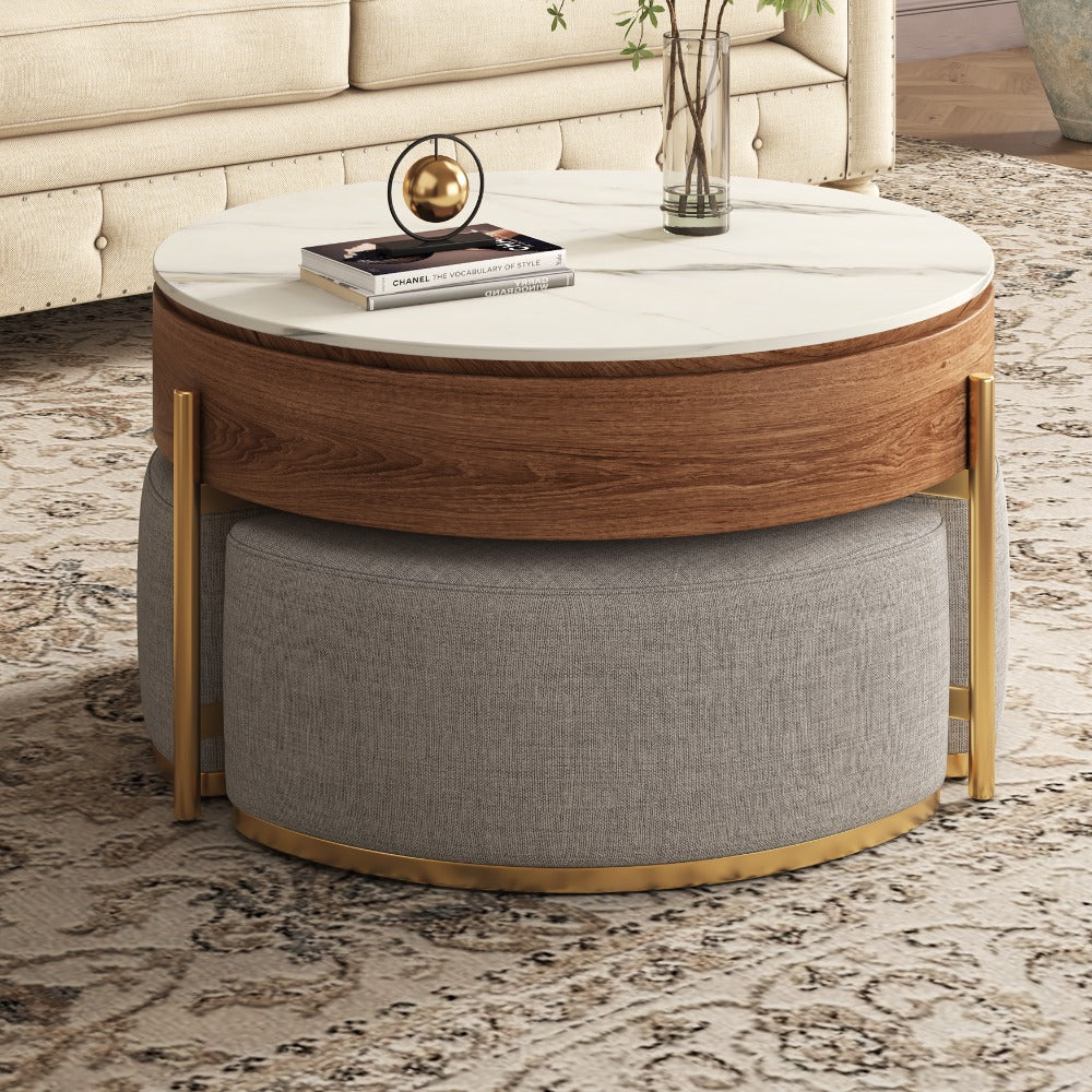 Lift Top Extendable 3 Legs Nesting Coffee Table with Storage 3 Stools Included