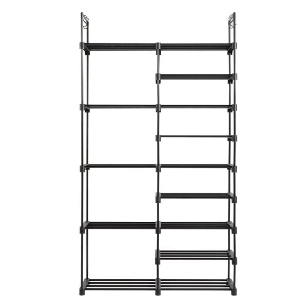 FCH Double Row 9 Layers Non-Woven Shoe Rack Iron Pipe + PP Pad + Plastic 85.7*29.8*158cm Black with Handles