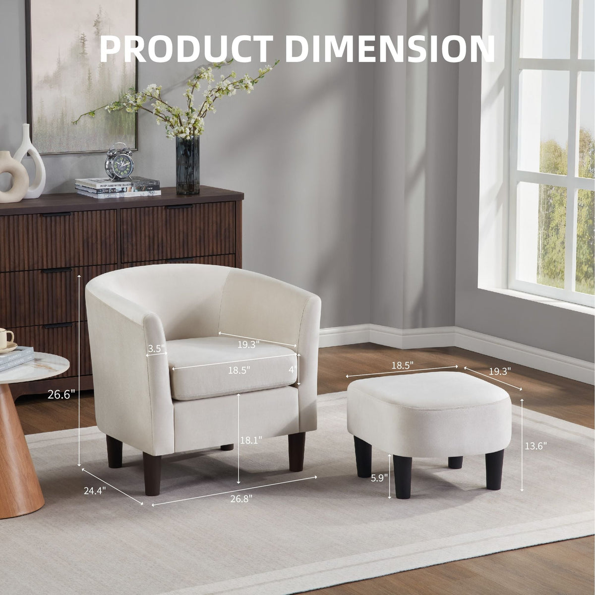 Modern White Velvet Accent Chair with Ottoman Sleek Barrel Armchair for Living Room or Bedroom