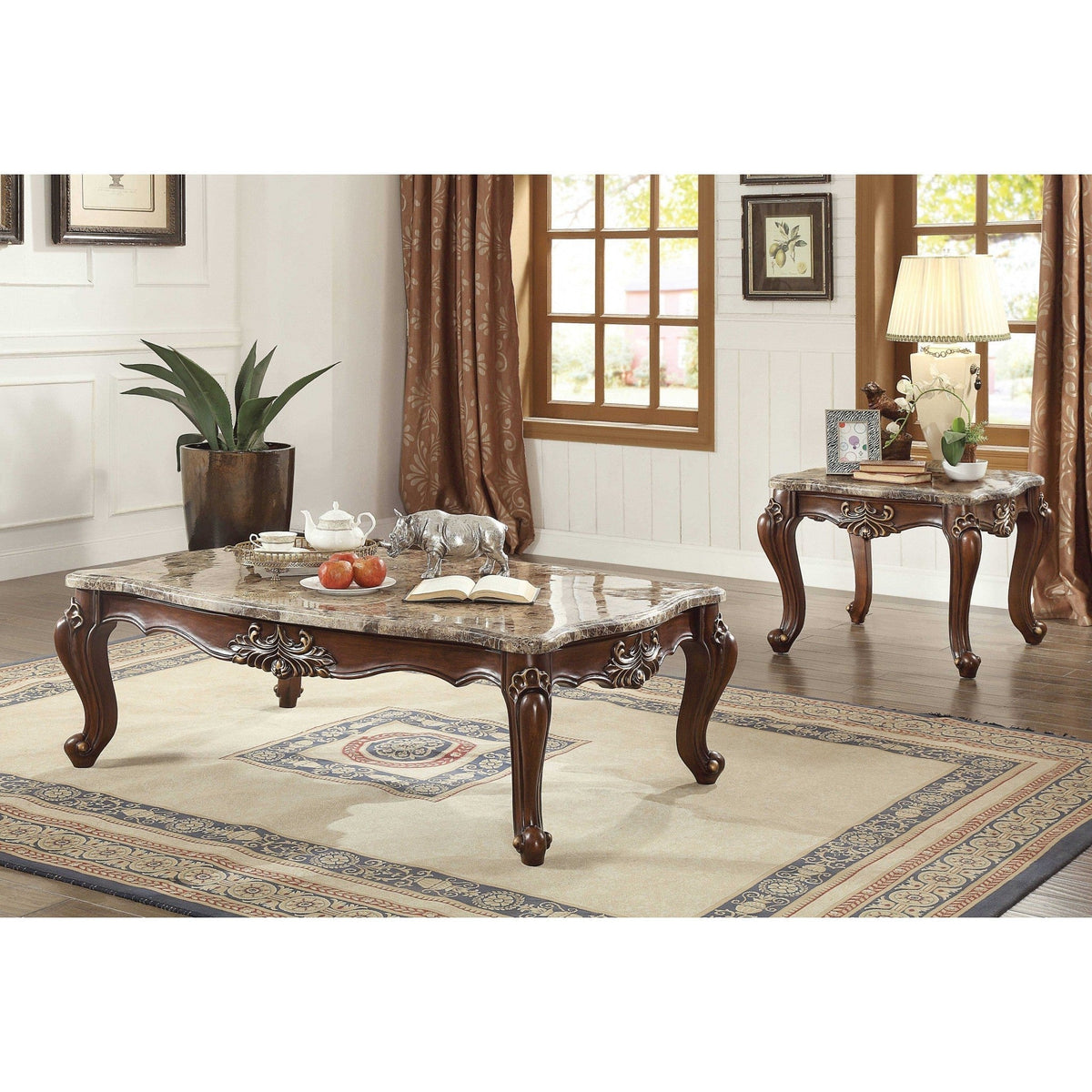 HMS 34\" Brown and Dark Brown Faux Marble Solid Wood Free Form Coffee Table