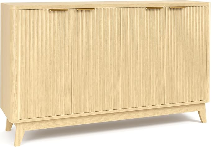 Natural Oak Fluted Sideboard Buffet Cabinet 4-Door Credenza Storage Cabinet Entryway Console Table Accent Coffee Bar