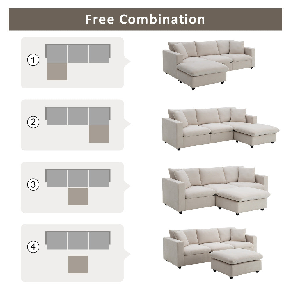 100.4*64.6" Modern Sectional Sofa,L-shaped Couch Set with 2 Free Pillows,4-seat Polyester Fabric Couch Set with Ottoman