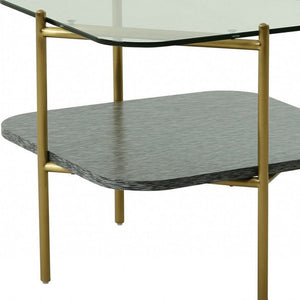 HMS 20\" Gold and Clear Glass Metal Square TV Stand with Shelf Elegant End Table with Storage