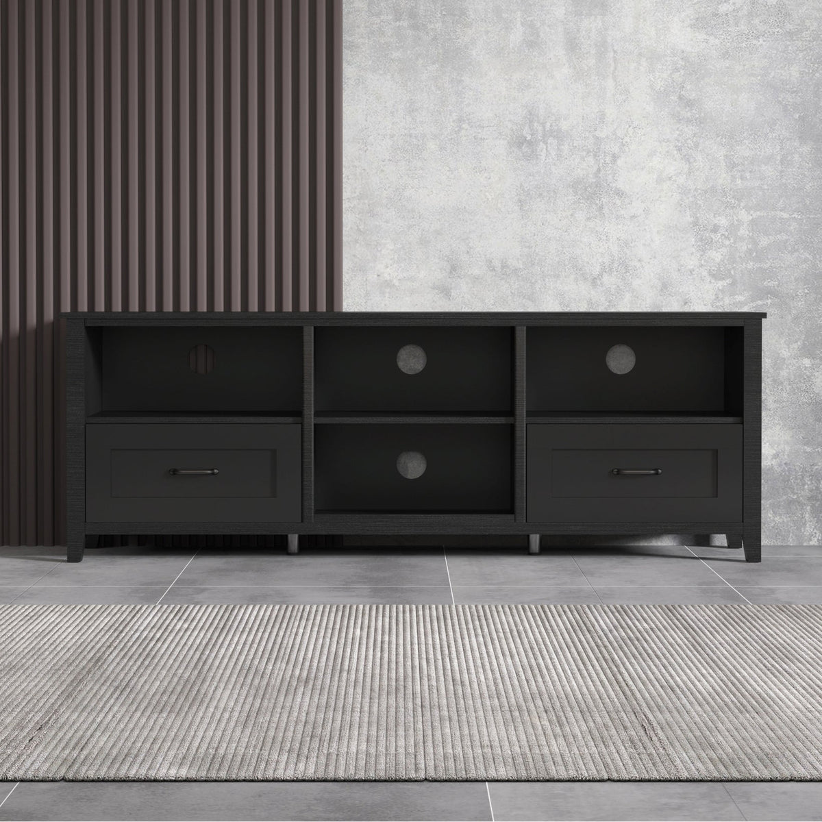 HMS 70 Black MDF Wood TV Stand Contemporary Design Enclosed and Open Storage TV Console for Living Room or Farmhouse Use