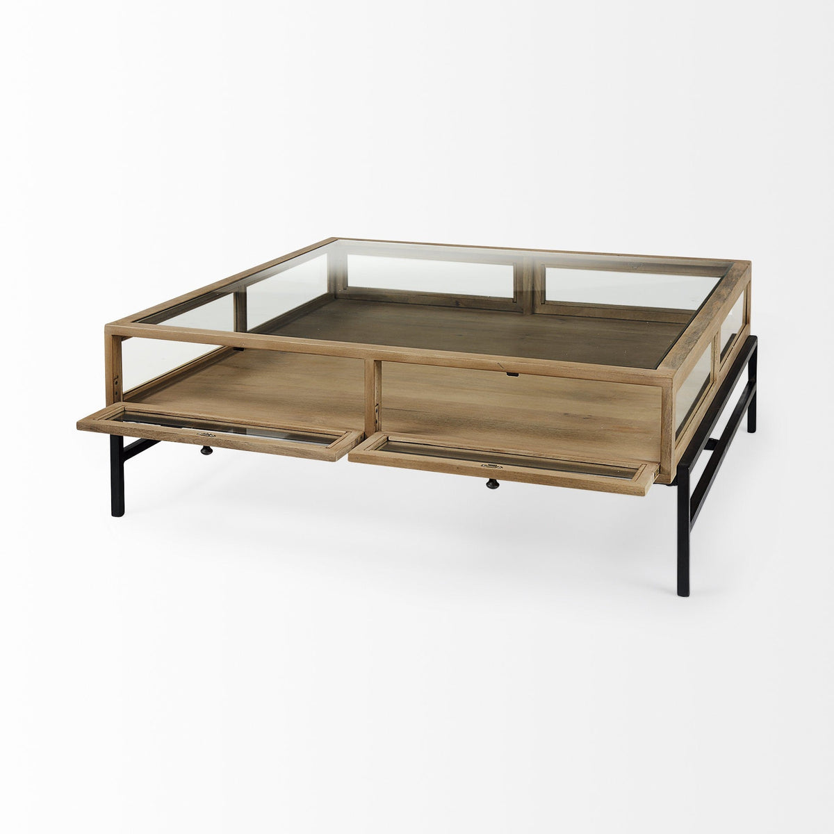 HMS 42\" Clear and Black Glass and Metal Square Coffee Table with Two Drawers and Shelf