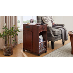 Powered Traditional End Table with Charging Station, Narrow Side Table with USB Ports and Outlets, Nightstand with Storage