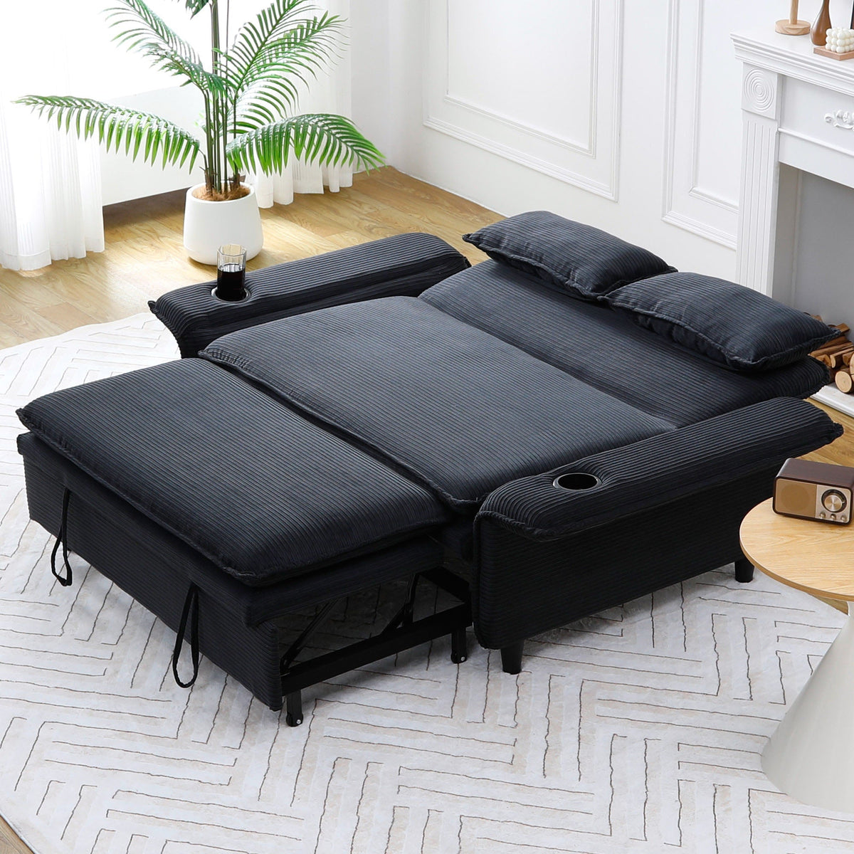 Adjustable Armrests and Backrests 65.74-Inch  Striped Fabric Multi-Functional Sofa Bed for Bedrooms and Living Rooms