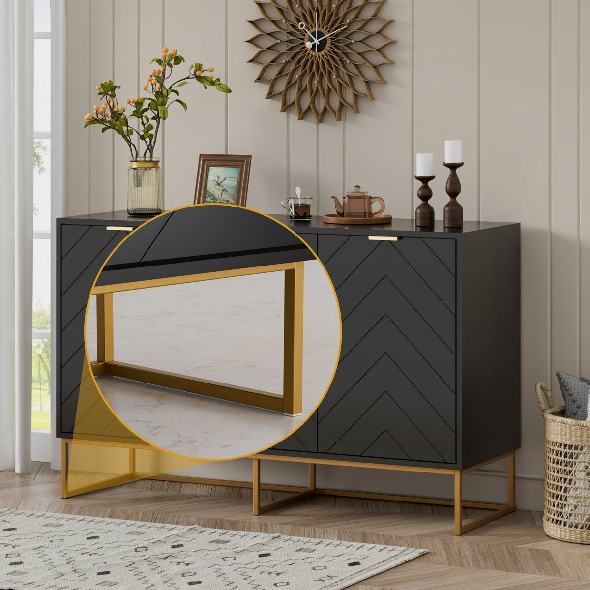 US Overseas Warehouse Free Shipping Black Storage Buffet Cabinet 3 Doors Sideboard Cabinet with Adjustable Shelf