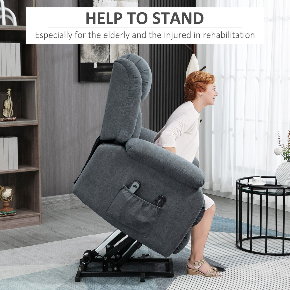 Big and Tall Grey Fabric Recliner with Electric Lift and Massage Remote Control