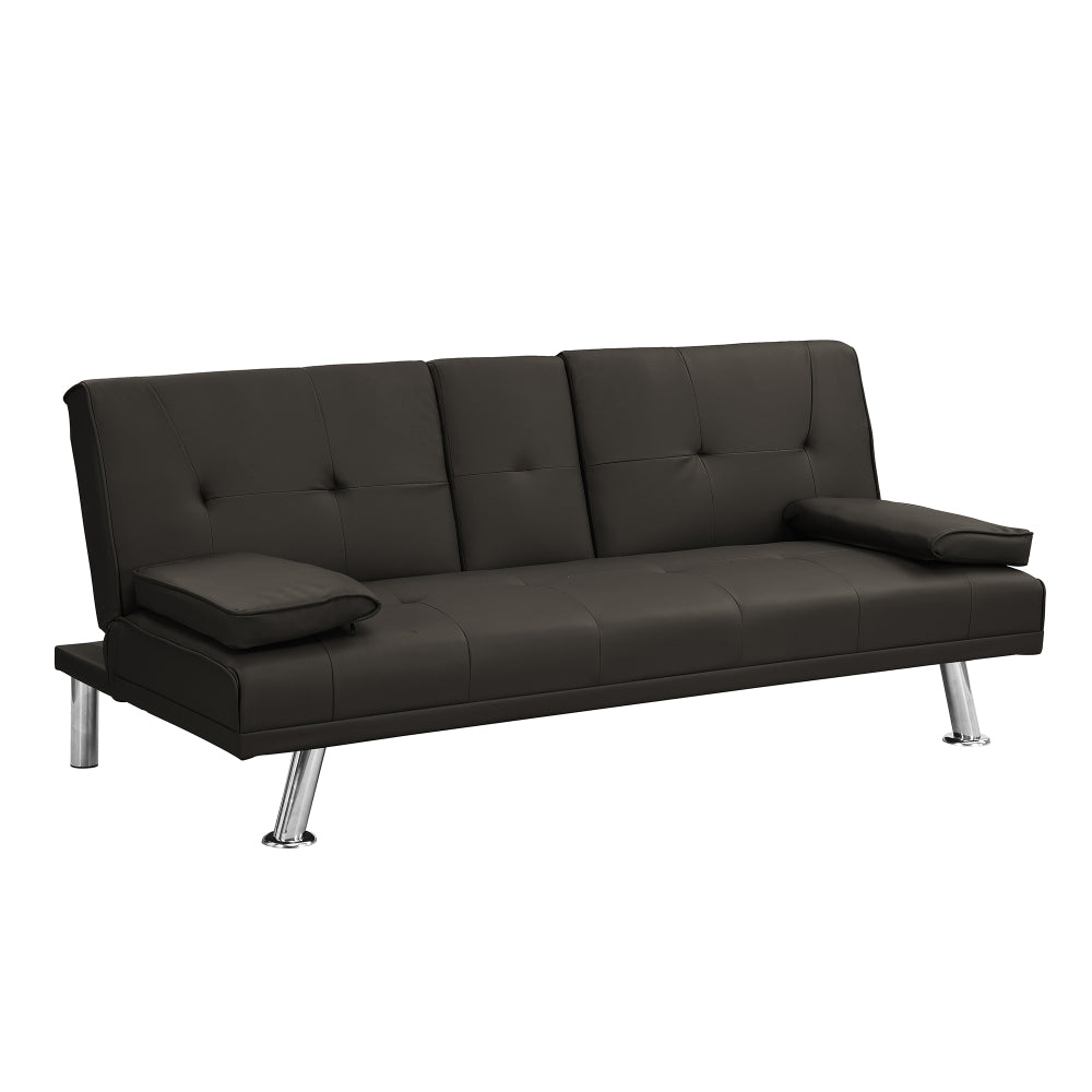 Sofa Bed with Armrest Two Holders WOOD FRAME, STAINLESS LEG, FUTON BROWN PVC,DARK BROWN