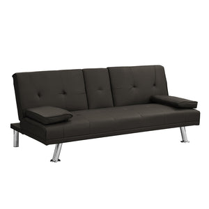 Sofa Bed with Armrest Two Holders WOOD FRAME, STAINLESS LEG, FUTON BROWN PVC,DARK BROWN