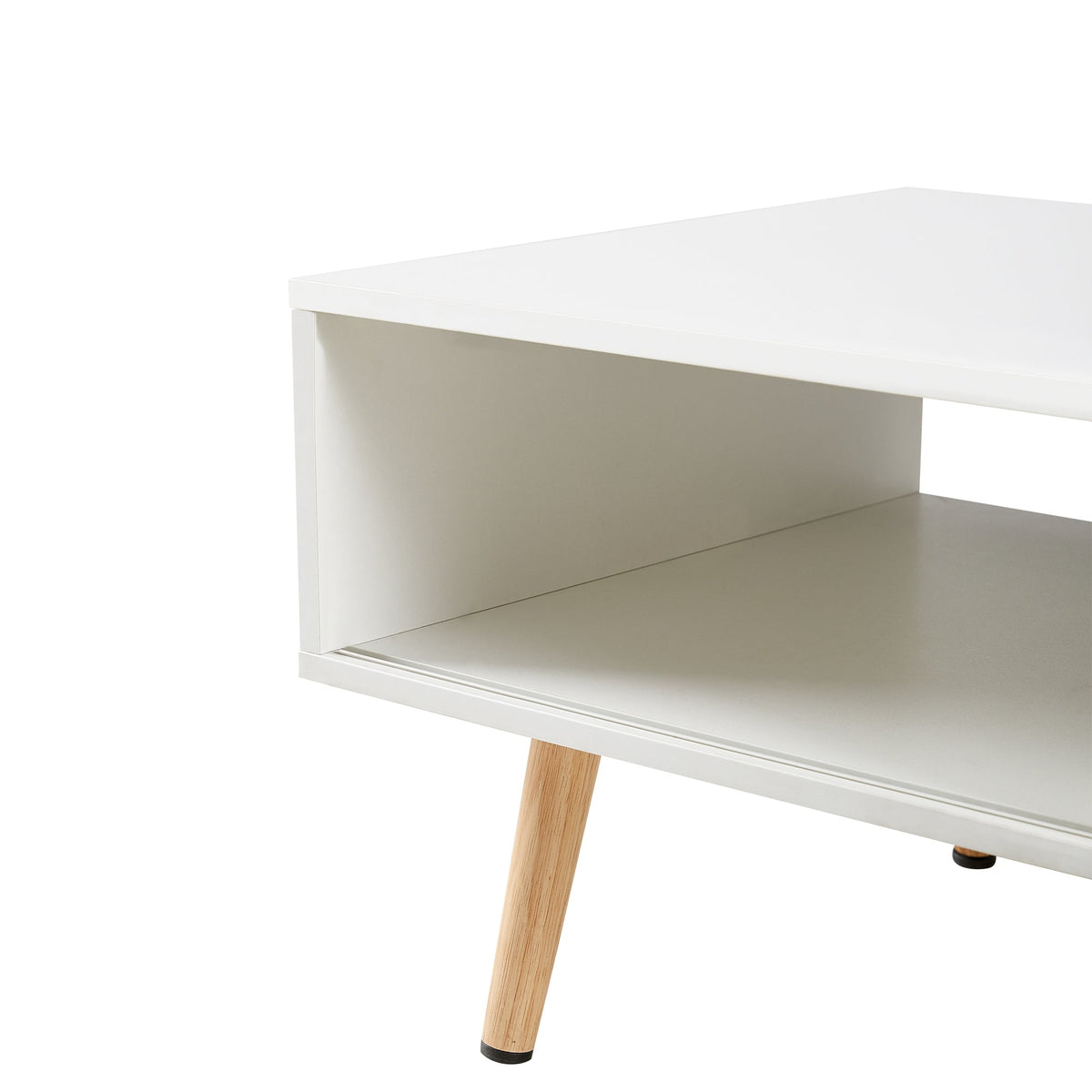 Natural Rattan Coffee  Mid-Century Center Table for Small Space Table with Sliding Doors & Open Storage Shelf