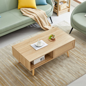 Rattan Coffee Table with Sliding Doors & Open Storage Shelf, Mid-Century Center Table for Small Space, Natural
