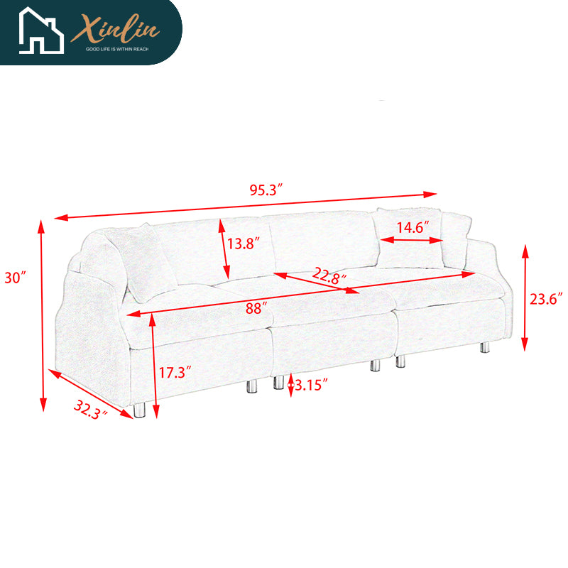 Modern 95.3-Inch Velvet Sofa With Two Throw Pillows Spacious and Comfortable Three-Seater Free Shipping