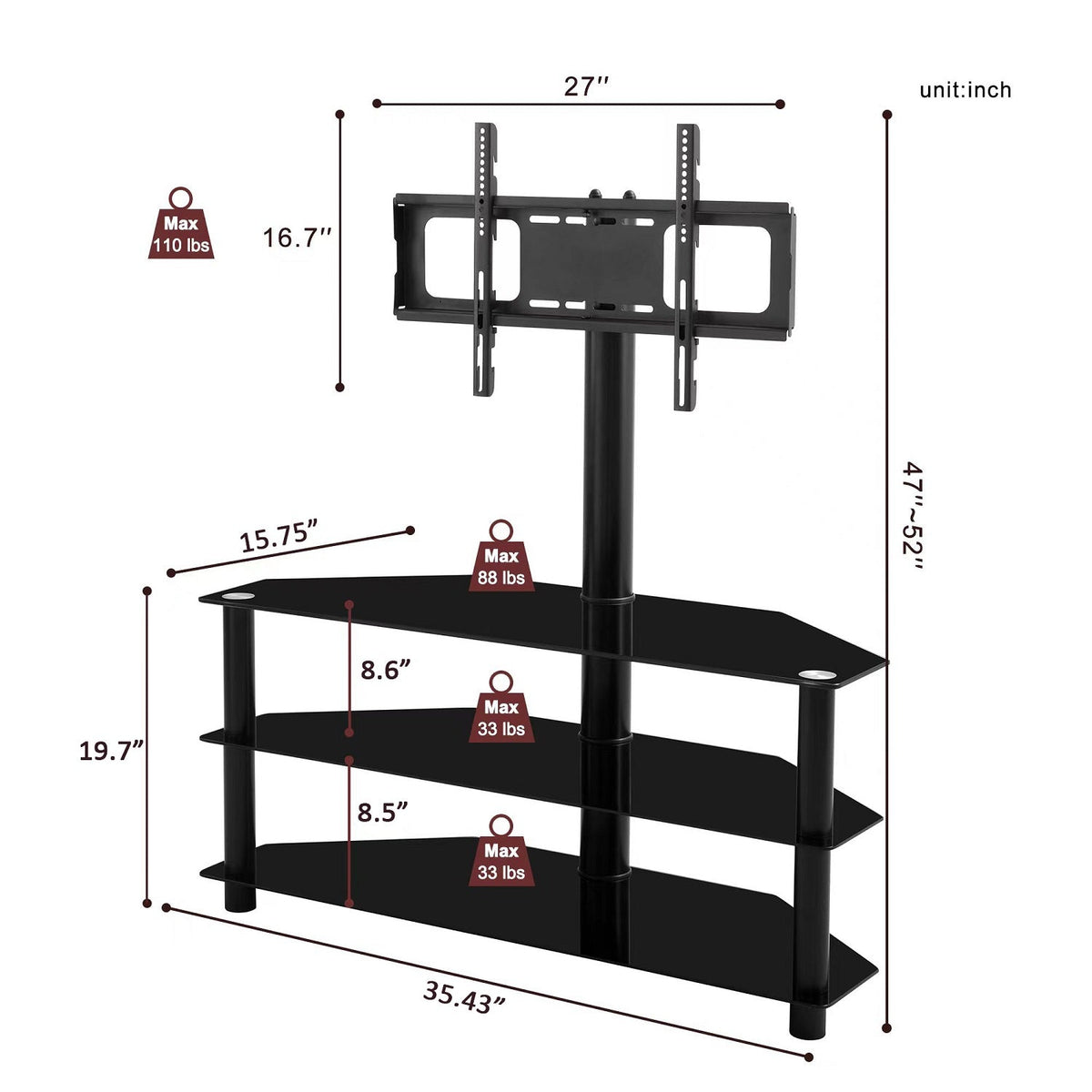 Black Multi-function TV Stand Height Adjustable Bracket Swivel 3-Tier for Living Room Furniture