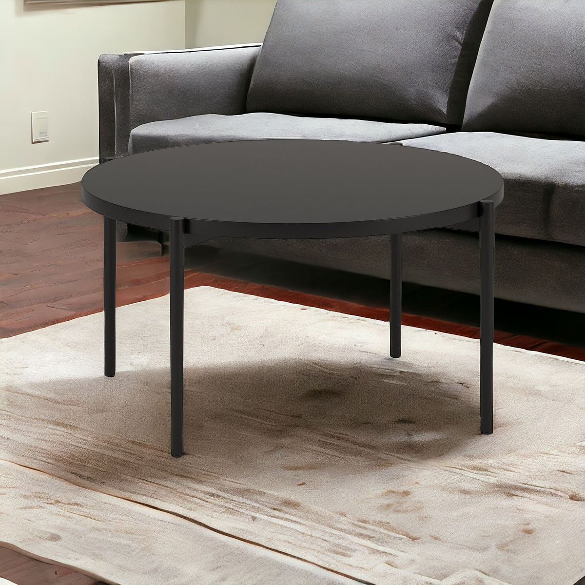 HMS 32\" Antique European Round Coffee Table Black Steel with Marble and Stone Finish for Living Room Furniture
