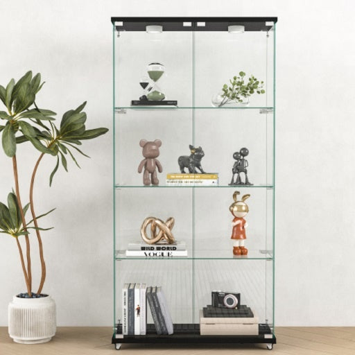 Modern Black Four Layers Two Door Glass Display Cabinet with Led Light and Wheels Living Room Furniture