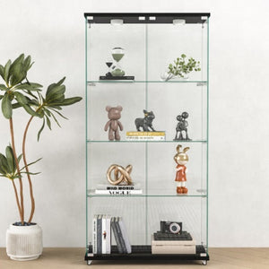 Modern Black Four Layers Two Door Glass Display Cabinet with Led Light and Wheels Living Room Furniture