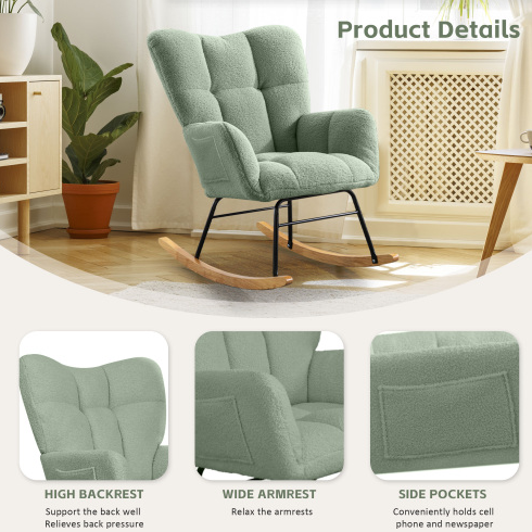 Modern Light Green Teddy Fabric Reclining Rocking Accent Chair for Home Office Nursery Living Room Bedroom-FCJ