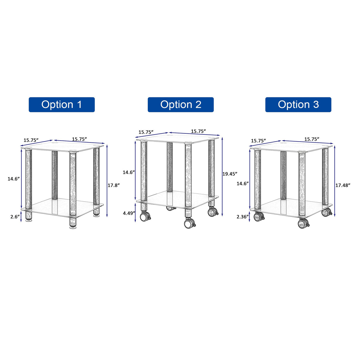 Movable Living Room Tables , Glass Sofa Table with Wheels , Easy to Move 3 Options Setting