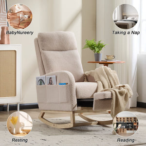 Modern Accent Armchair High Backrest Solid Wood Legs Beige Upholstery Comfortable Rocking Nursery Glider for Living Room Side