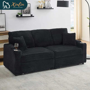 Free Shipping US 80-inch Two-in-one Pull-out, Foldable and Hidden Chaise Longue Corduroy Sofa With Cup Holders and Pillows