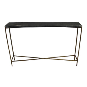 HMS 48\" Rustic End Table Black Gold Stone Frame Console for Living Room Bedroom Hotel Accent Wood Glass for Decorative Use