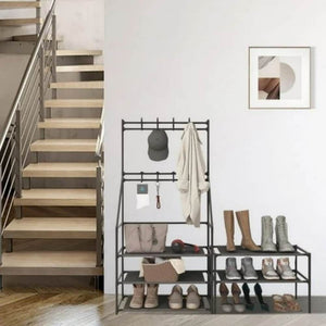 5-Tier Narrow Entryway Shoe Rack with 8 Hooks Cozy Coat and Shoe Storage Solution