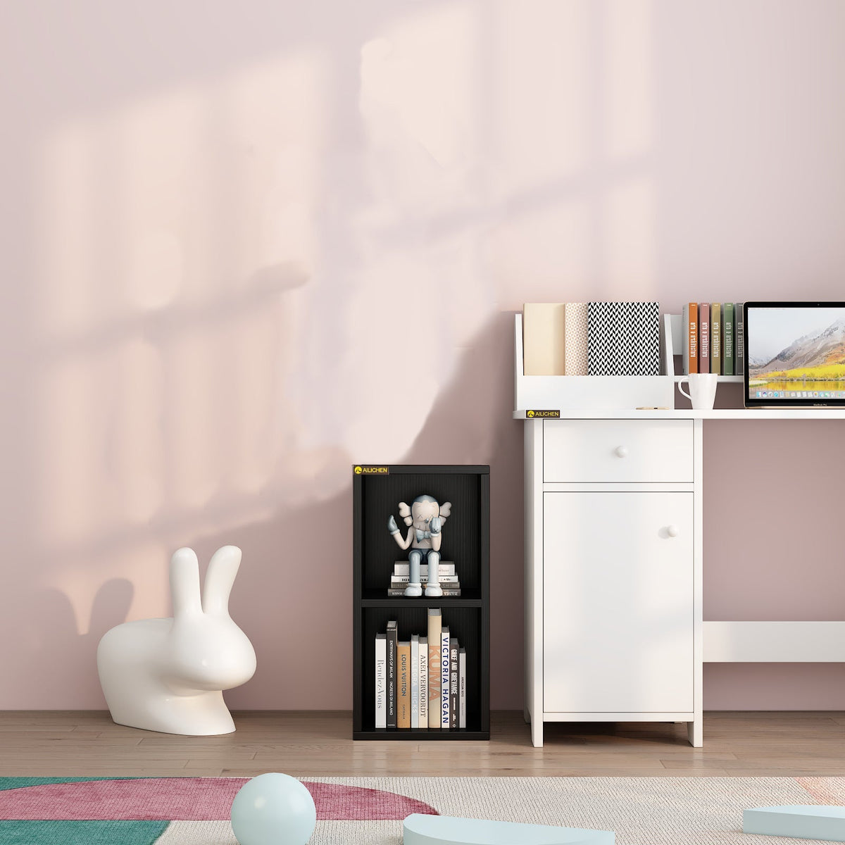 YQ FOREVER 2 Tier Black Bookcase Wooden Shelving Display Storage Unit Office Living Room Furniture