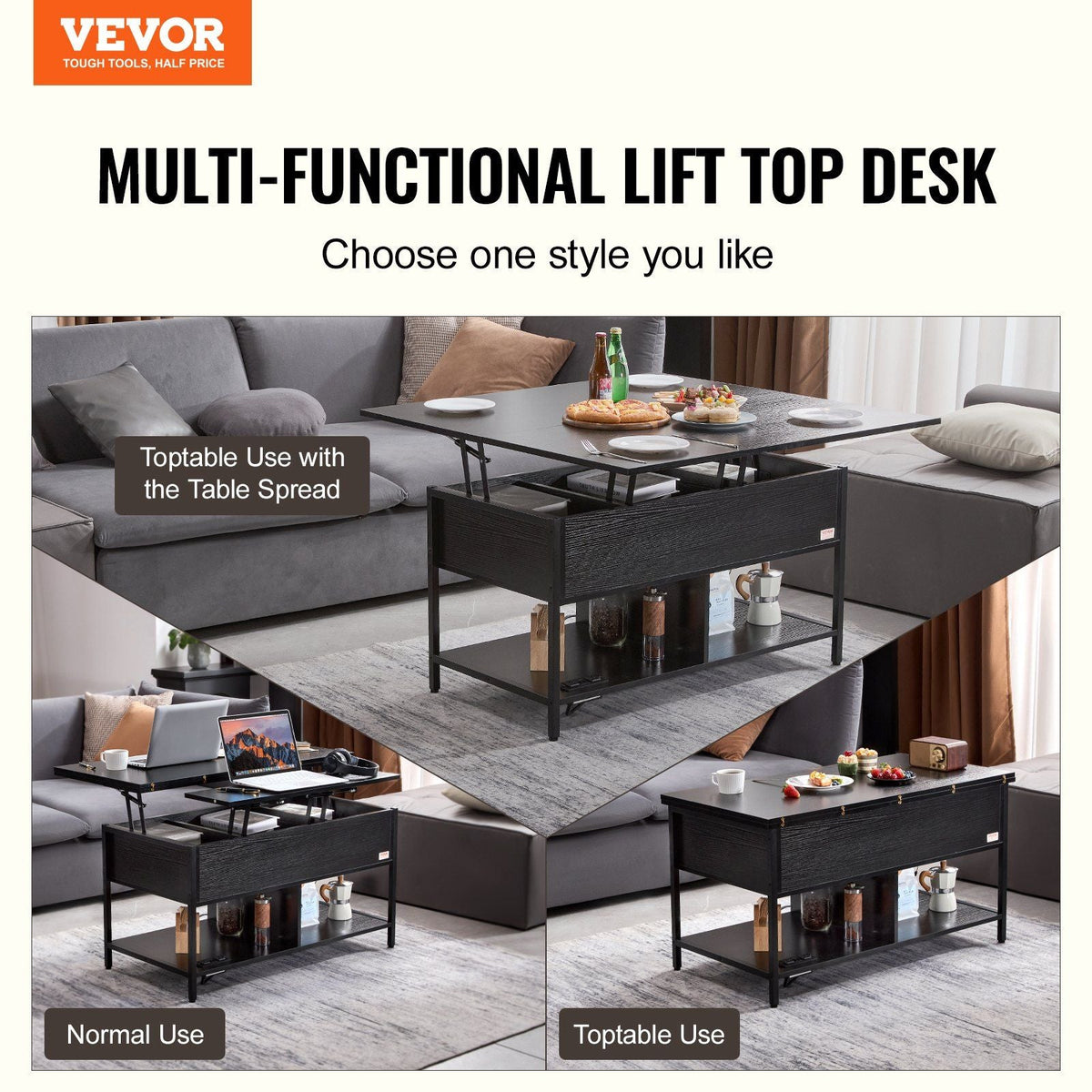 39.4\" Rectangle Lift Top Coffee Table with Light & USB Black Color