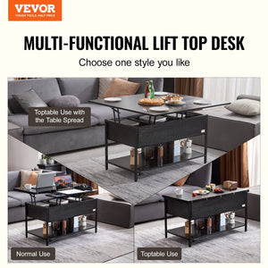 39.4\" Rectangle Lift Top Coffee Table with Light & USB Black Color