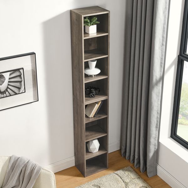 8-Tier Adjustable Tall Narrow Bookcase Home Office Multi-Functional Double-Decker Display Bookshelf CD/DVD Slim Storage Cabinet