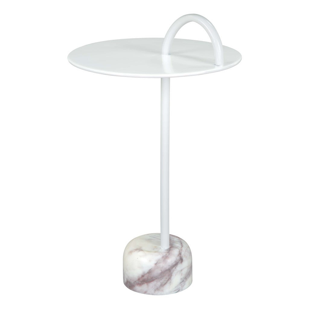 HMS 25\" White Iron and Marble Round Pedestal End Table Elegant Coffee Table with Intricate Design